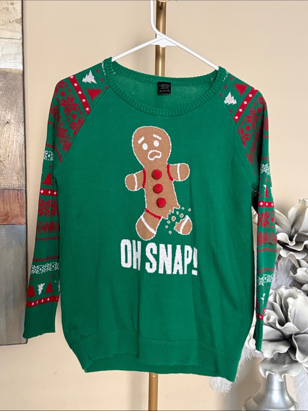 Green 'Oh Snap!' Gingerbread Holiday Sweater for Kids